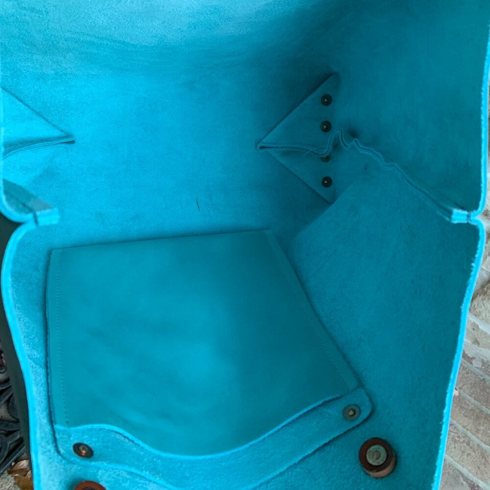 Turquoise Leather Tote with Brown Leather Handles by KMM & Co - Picture 3 of 14